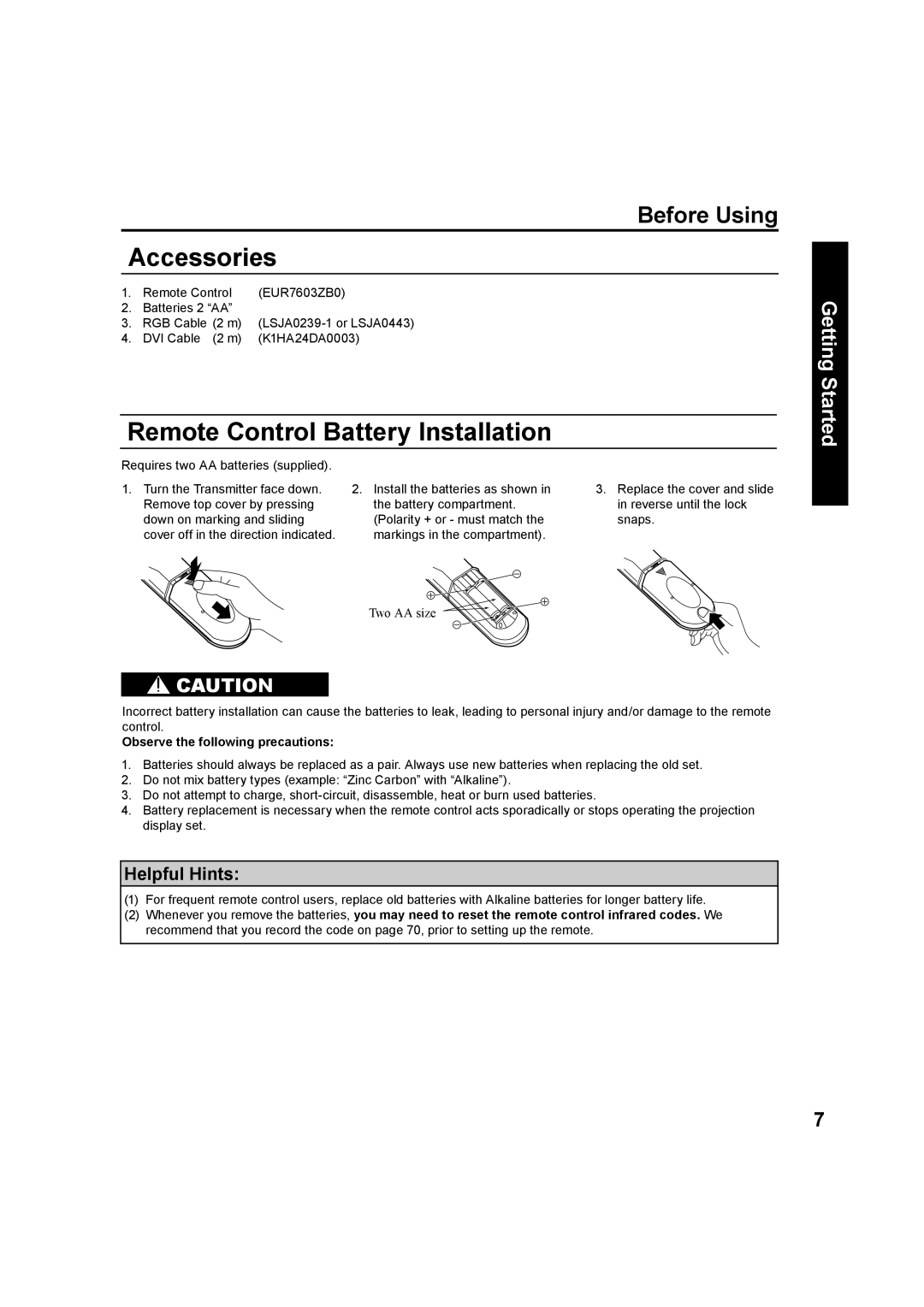 Panasonic PT-60LC13 Accessories, Remote Control Battery Installation, Before Using, Observe the following precautions 