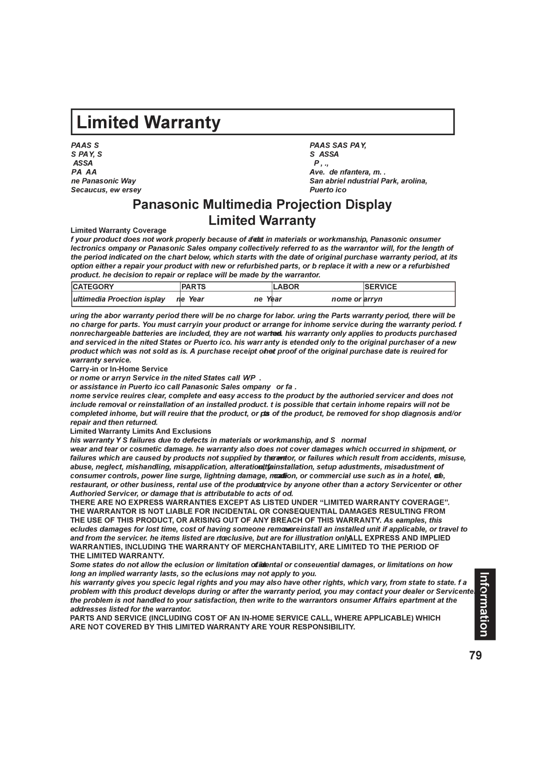 Panasonic PT-60LC13, PT-50LC13 Panasonic Multimedia Projection Display Limited Warranty, Category Parts Labor Service 