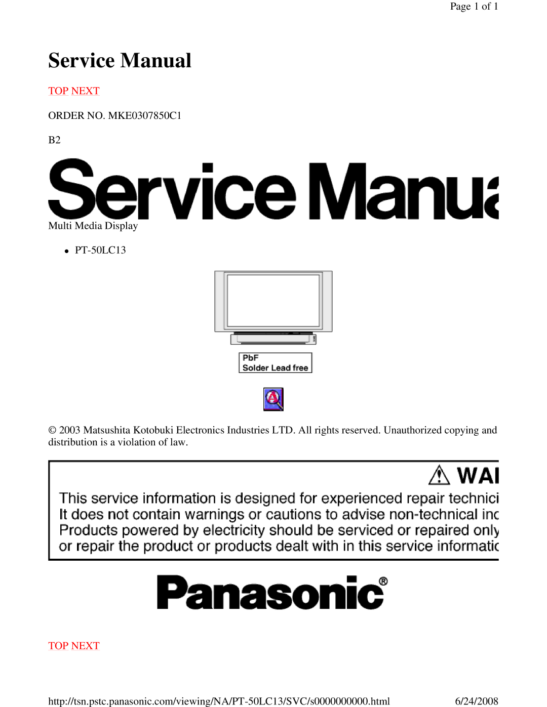 Panasonic PT-50LC13 service manual TOP Next 