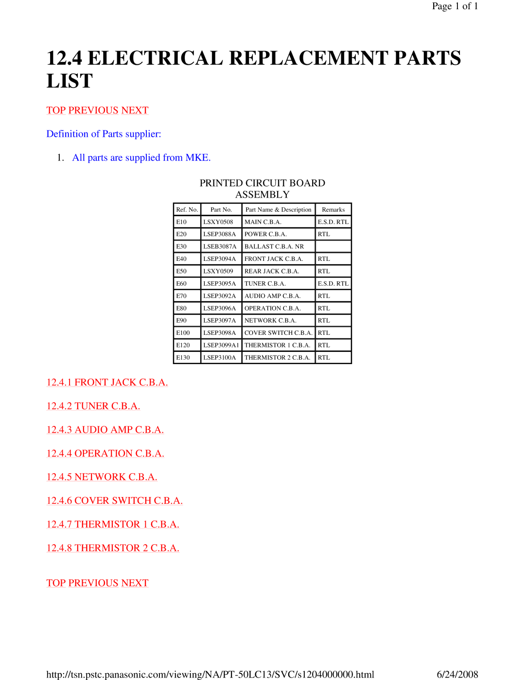 Panasonic PT-50LC13 service manual Electrical Replacement Parts List, Printed Circuit Board Assembly 