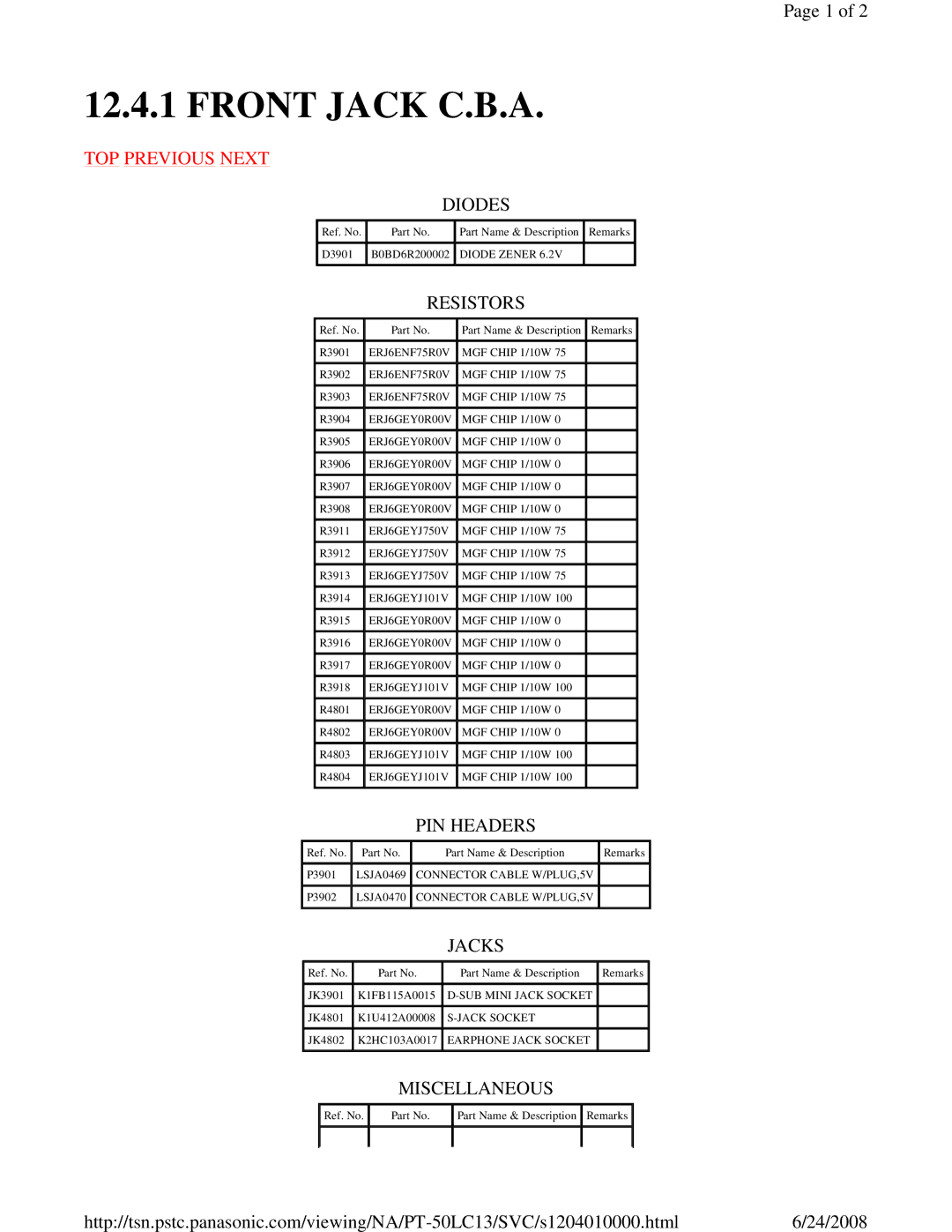 Panasonic PT-50LC13 service manual Front Jack C.B.A 