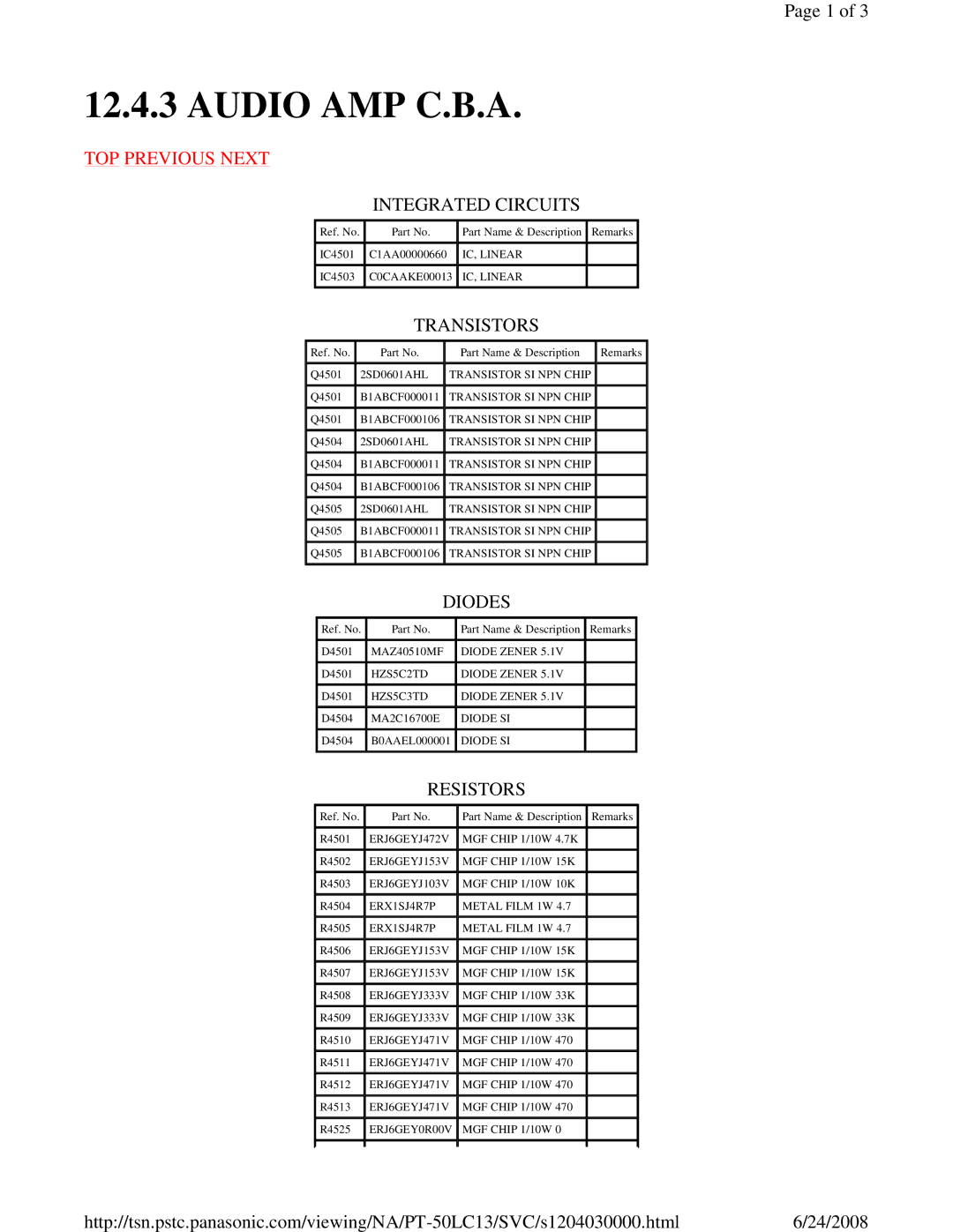 Panasonic PT-50LC13 service manual Audio AMP C.B.A, Integrated Circuits 