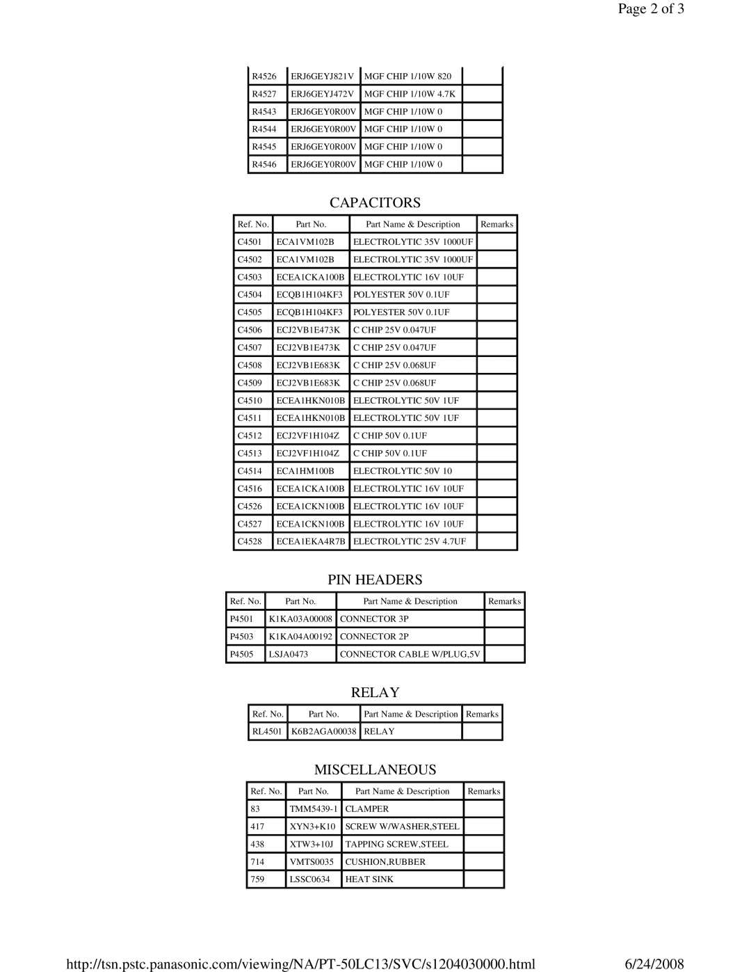 Panasonic PT-50LC13 service manual Capacitors, Relay 