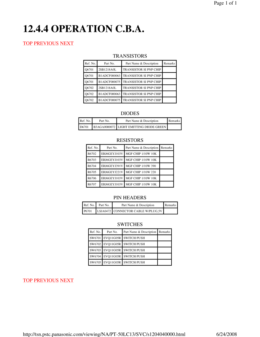 Panasonic PT-50LC13 service manual Operation C.B.A, Switches 