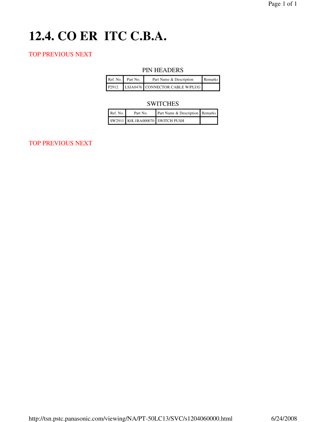 Panasonic PT-50LC13 service manual Cover Switch C.B.A 