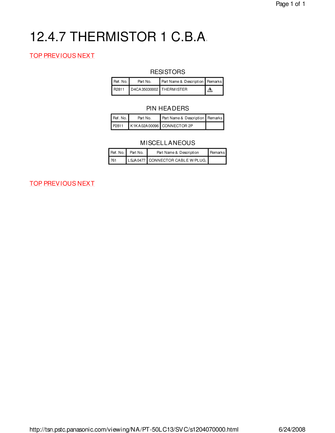 Panasonic PT-50LC13 service manual Thermistor 1 C.B.A, Resistors 