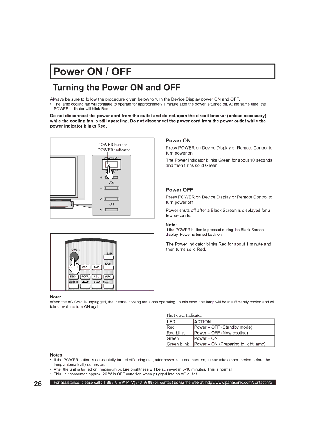 Panasonic PT-50LCX63, PT 60LCX63 operating instructions Power on / OFF, Turning the Power on and OFF, Power OFF, LED Action 