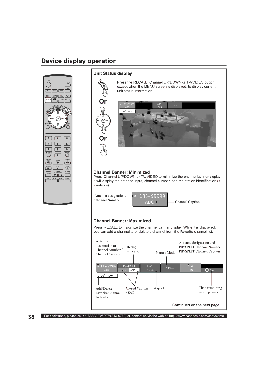 Panasonic PT-50LCX63, PT 60LCX63 Unit Status display, Channel Banner Minimized, Channel Banner Maximized 