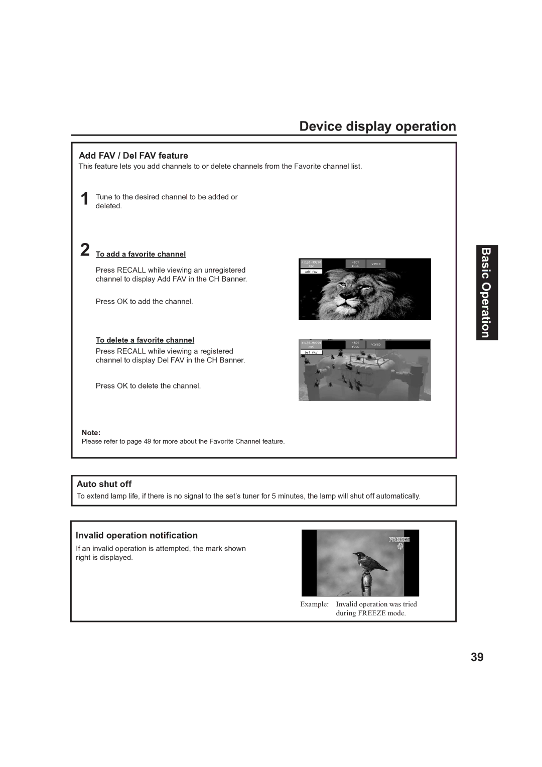 Panasonic PT 60LCX63 Add FAV / Del FAV feature, Auto shut off, Invalid operation notiﬁcation, To add a favorite channel 