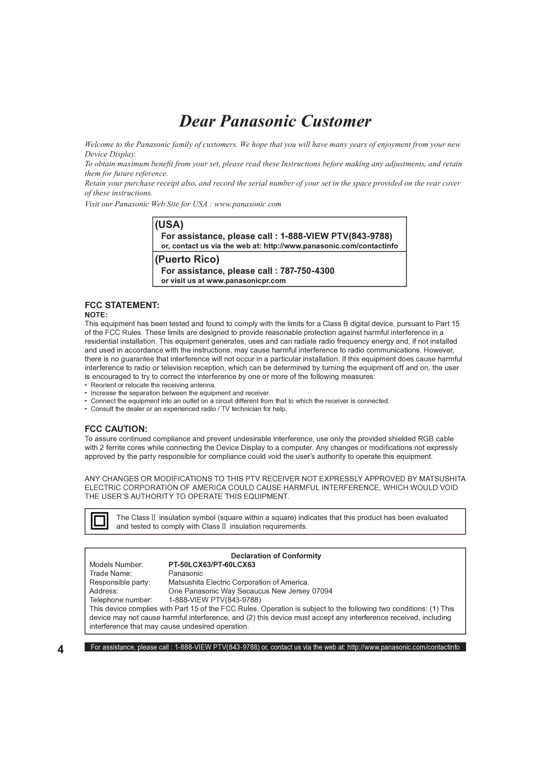 Panasonic For assistance, please call 1-888-VIEW PTV843-9788, Declaration of Conformity, PT-50LCX63/PT-60LCX63 