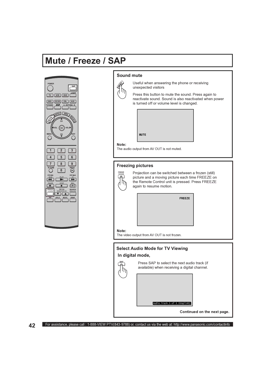 Panasonic PT-50LCX63 Mute / Freeze / SAP, Sound mute, Freezing pictures, Select Audio Mode for TV Viewing In digital mode 