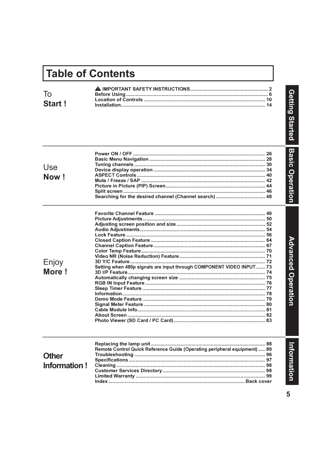 Panasonic PT 60LCX63, PT-50LCX63 operating instructions Table of Contents 