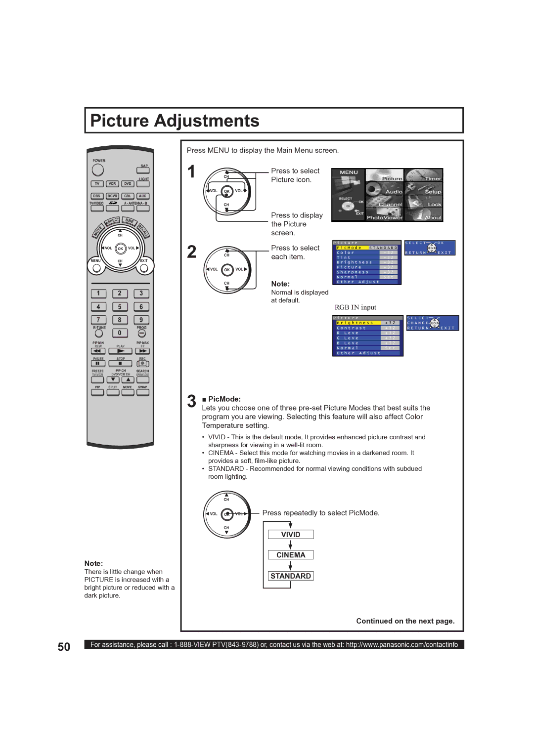 Panasonic PT-50LCX63, PT 60LCX63 Picture Adjustments, Press repeatedly to select PicMode, Vivid, Cinema Standard 