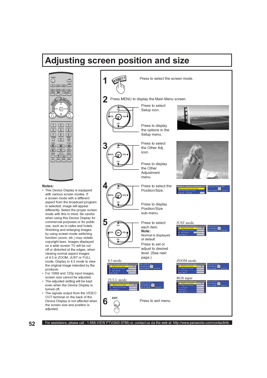 Panasonic PT-50LCX63, PT 60LCX63 operating instructions Adjusting screen position and size 