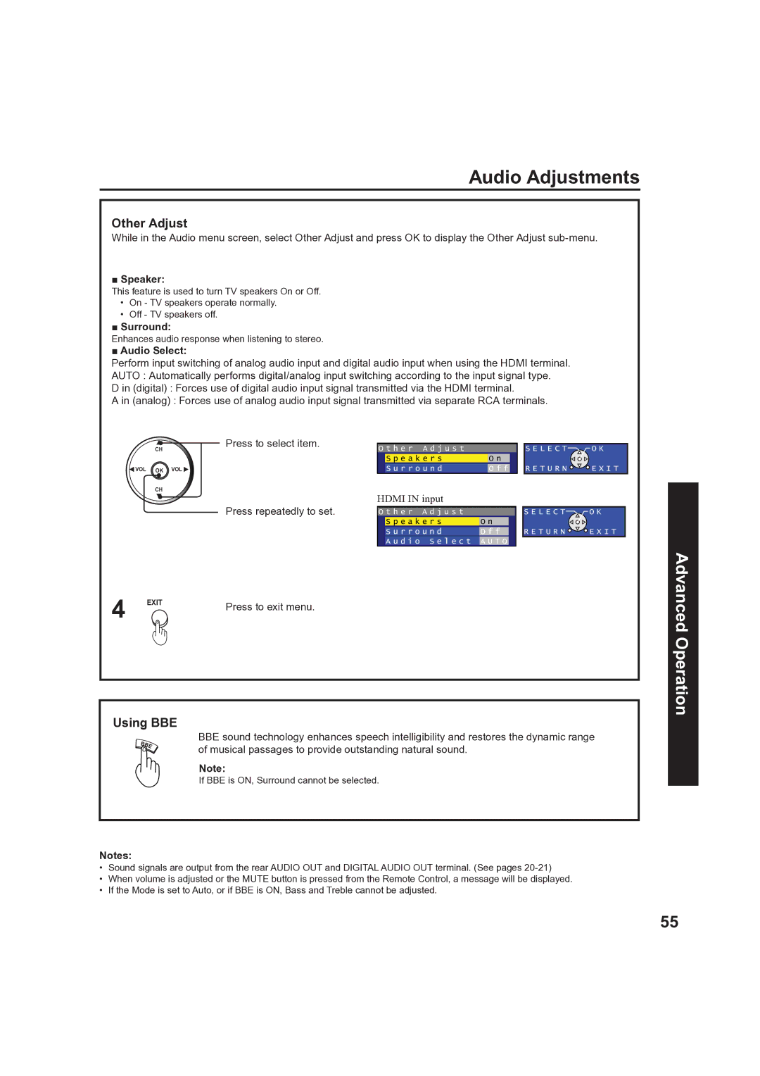 Panasonic PT 60LCX63, PT-50LCX63 operating instructions Audio Adjustments, Other Adjust, Using BBE 