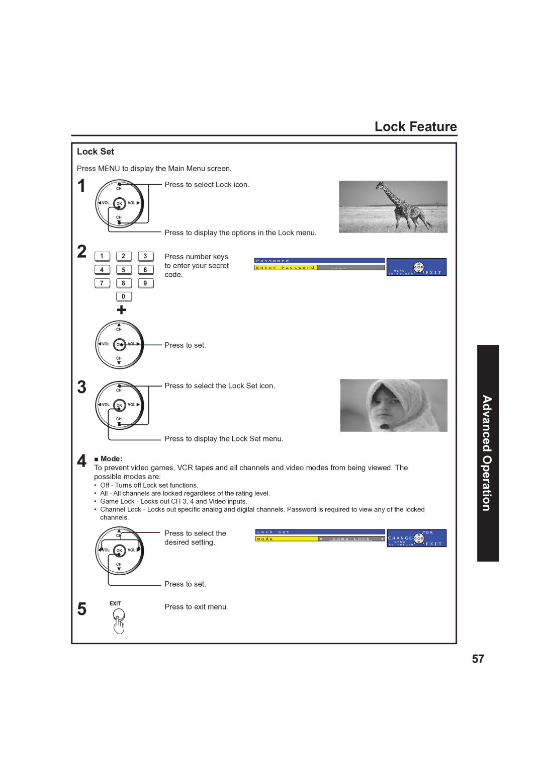 Panasonic PT 60LCX63, PT-50LCX63 operating instructions Lock Feature, Lock Set, Press to select Lock icon, Desired setting 