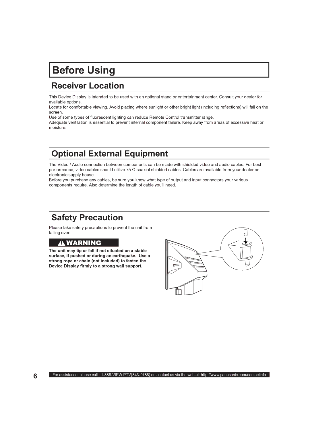 Panasonic PT-50LCX63, PT 60LCX63 Before Using, Receiver Location, Optional External Equipment, Safety Precaution 