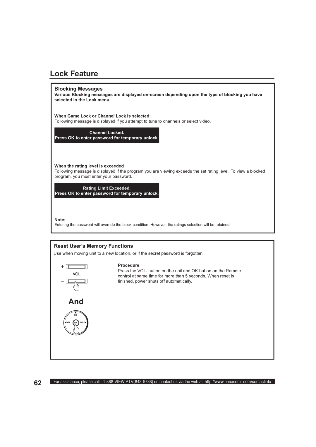 Panasonic PT-50LCX63, PT 60LCX63 Blocking Messages, Reset User’s Memory Functions, When the rating level is exceeded 