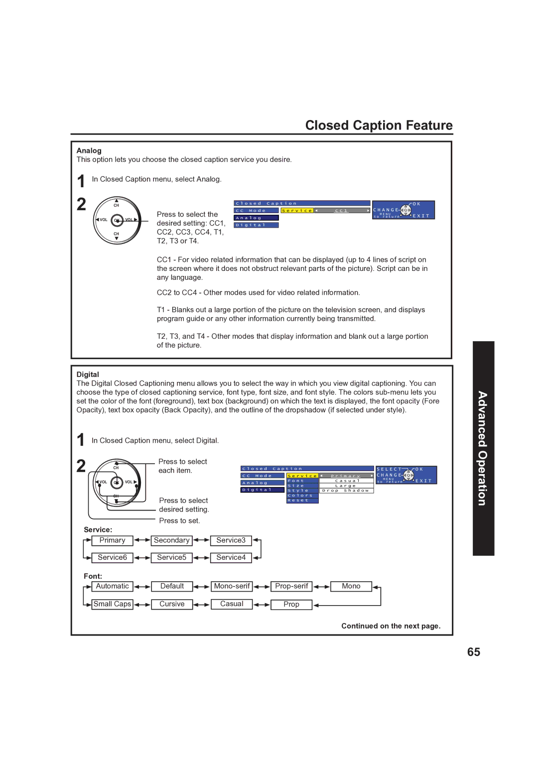 Panasonic PT 60LCX63, PT-50LCX63 operating instructions Closed Caption Feature 