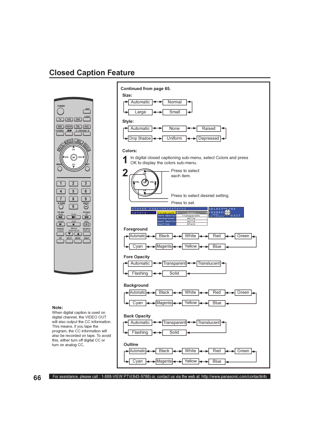 Panasonic PT-50LCX63, PT 60LCX63 From, Style, Colors, Foreground, Fore Opacity, Background, Back Opacity, Outline 