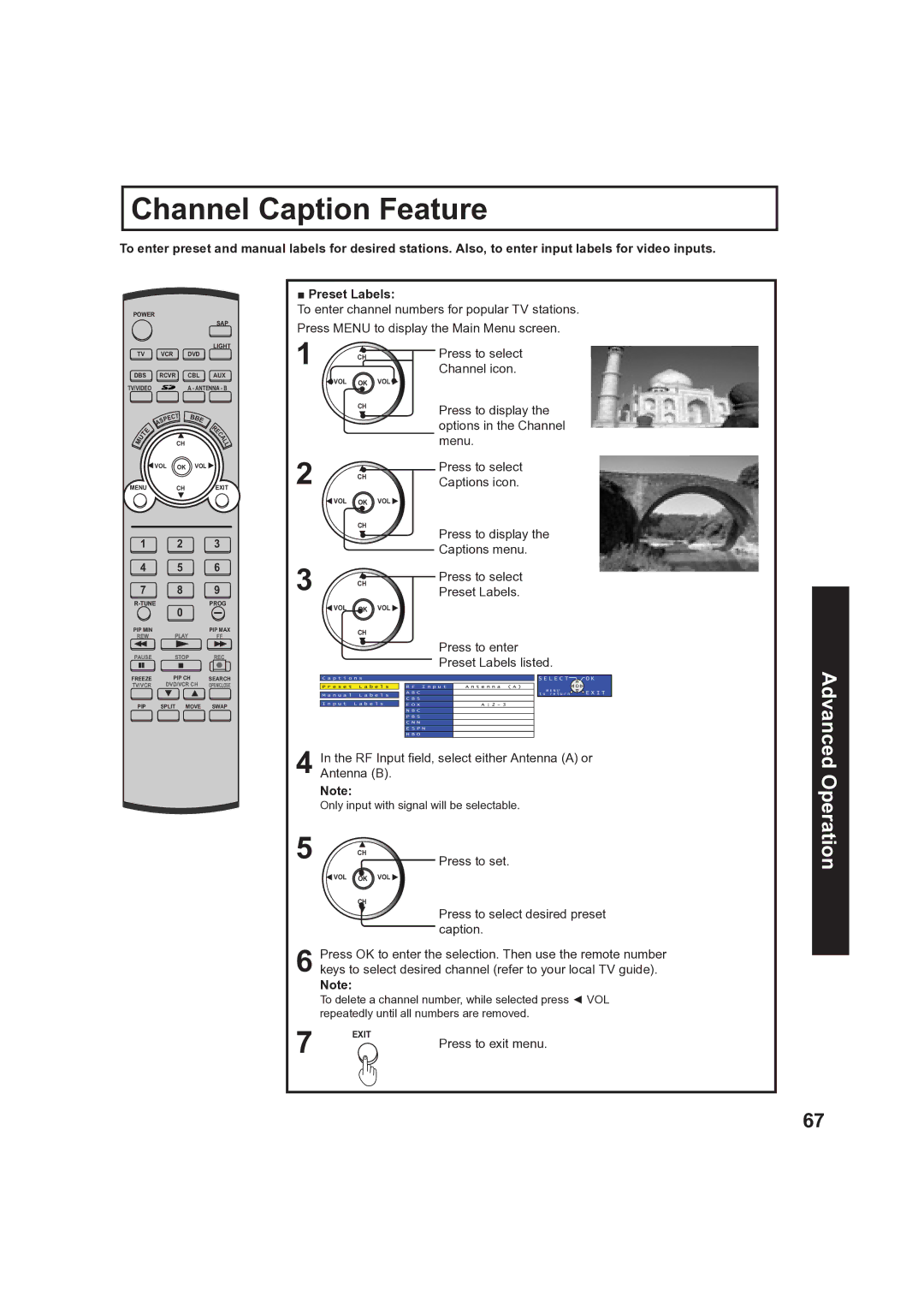 Panasonic PT 60LCX63, PT-50LCX63 Channel Caption Feature, Preset Labels, Press to select Captions icon.CH 