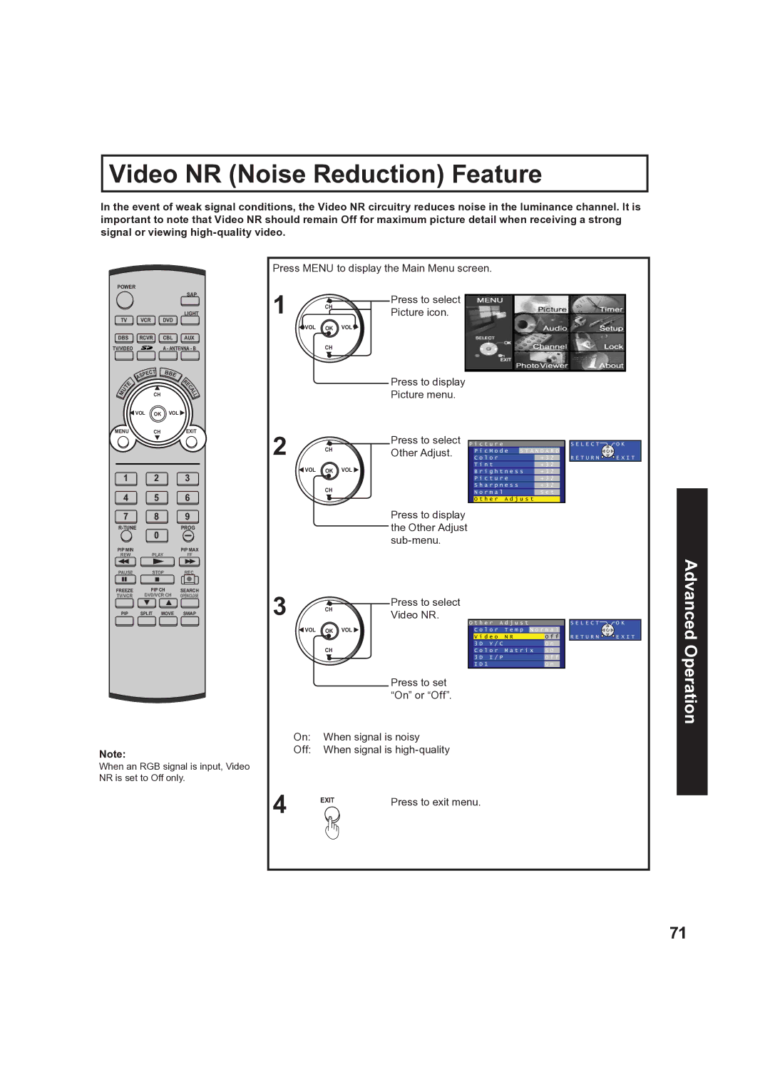 Panasonic PT 60LCX63, PT-50LCX63 Video NR Noise Reduction Feature, Press to select Video NR.CH, Press to set On or Off 