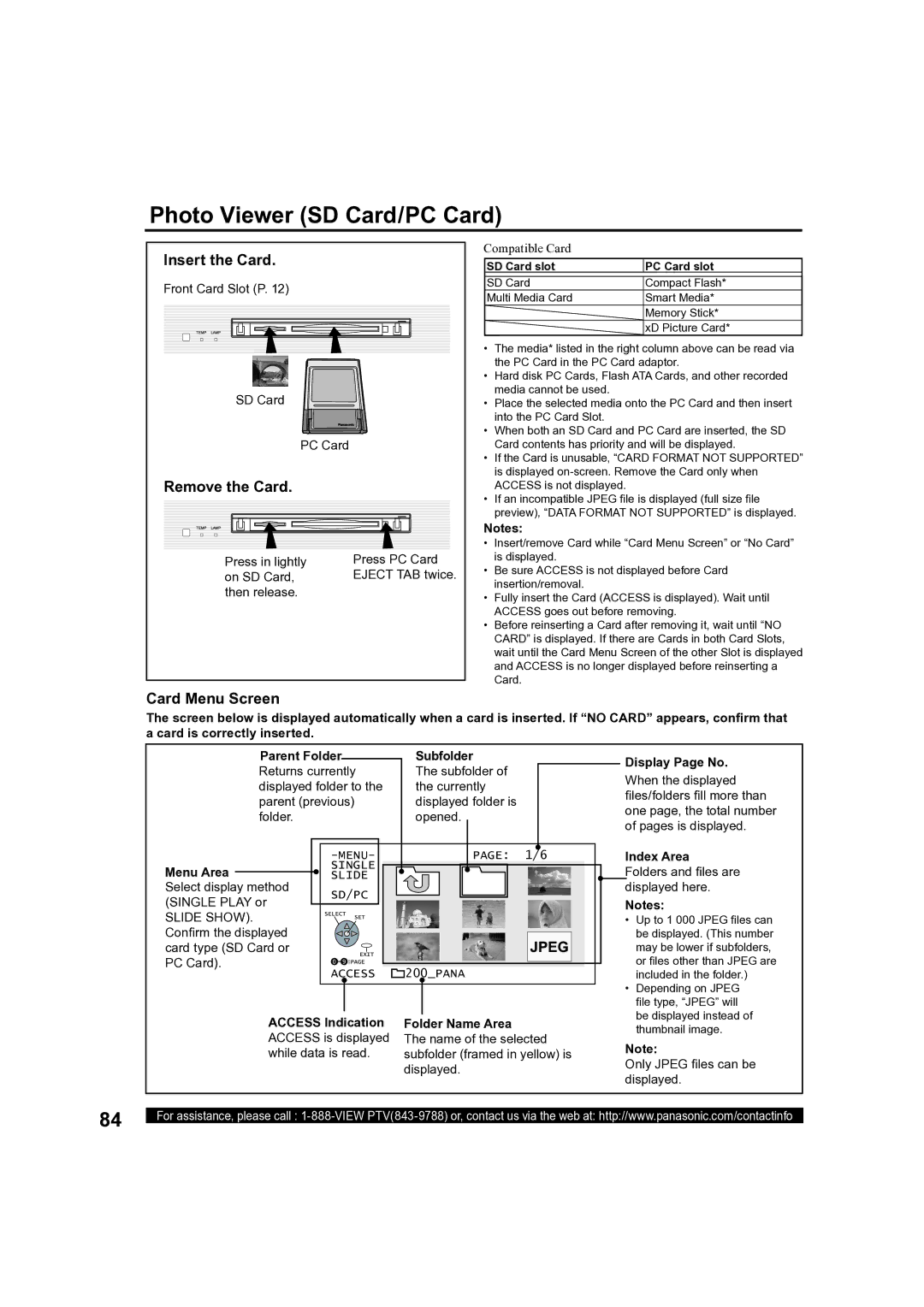 Panasonic PT-50LCX63, PT 60LCX63 Photo Viewer SD Card/PC Card, Insert the Card, Remove the Card, Card Menu Screen 