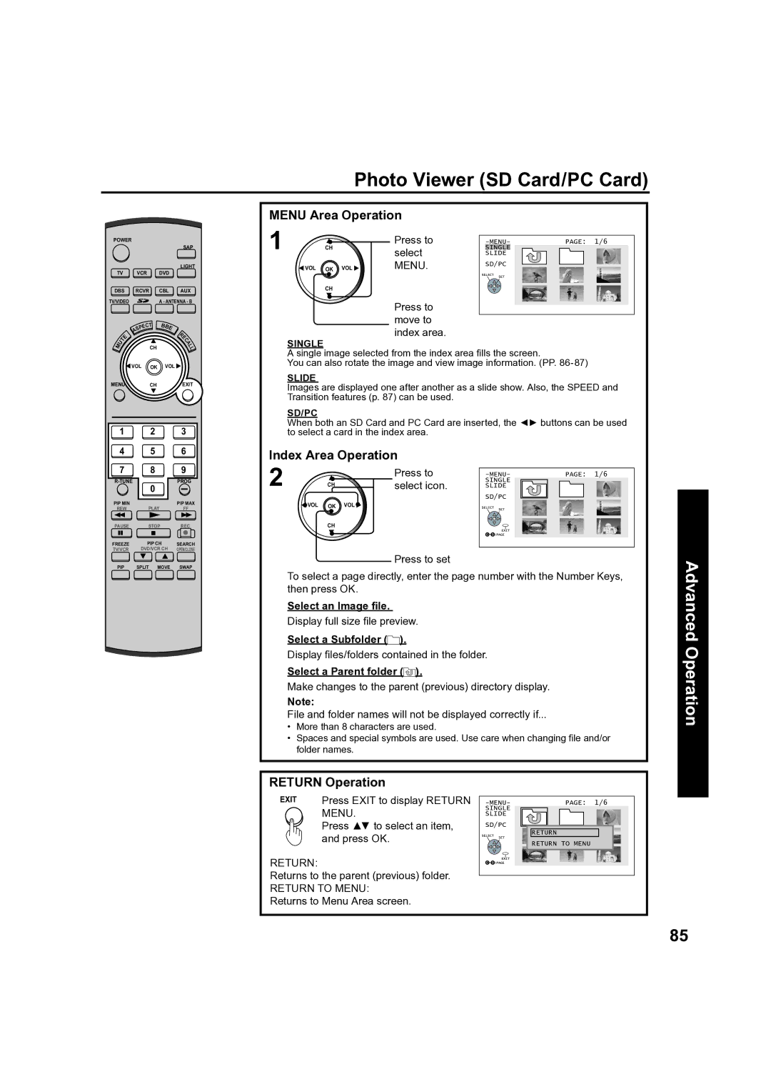 Panasonic PT 60LCX63, PT-50LCX63 operating instructions Menu Area Operation, Index Area Operation, Return Operation 