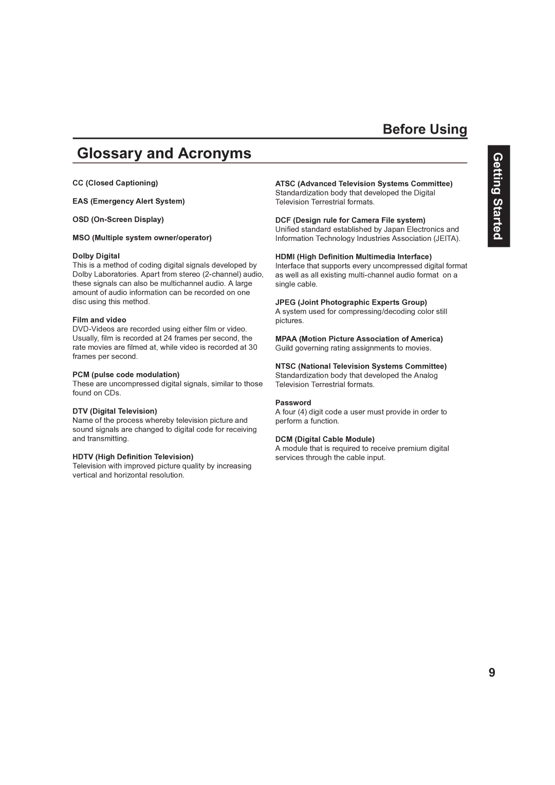 Panasonic PT 60LCX63, PT-50LCX63 operating instructions Glossary and Acronyms 