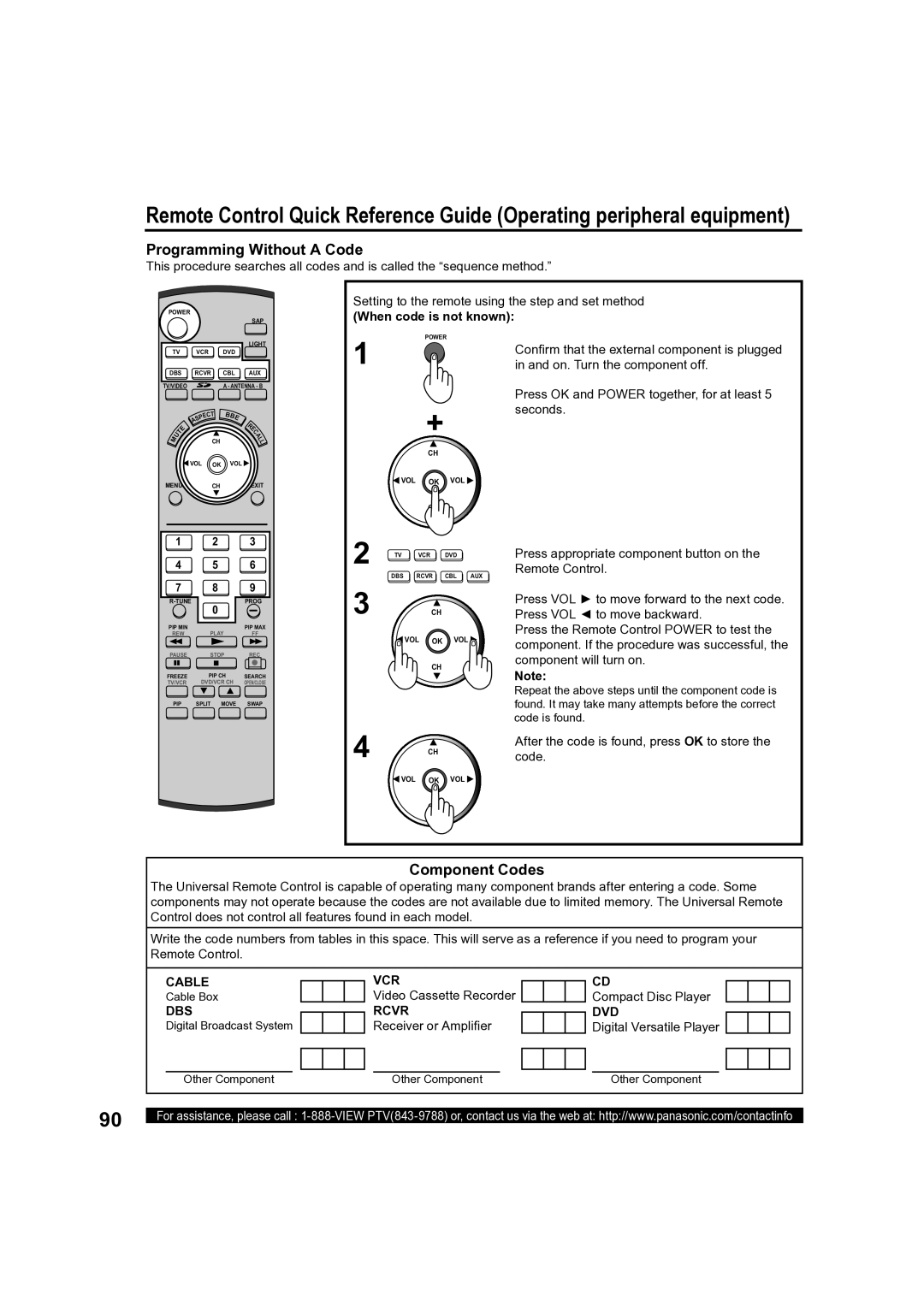 Panasonic PT-50LCX63, PT 60LCX63 operating instructions Programming Without a Code, Component Codes, Cable, Dvd 