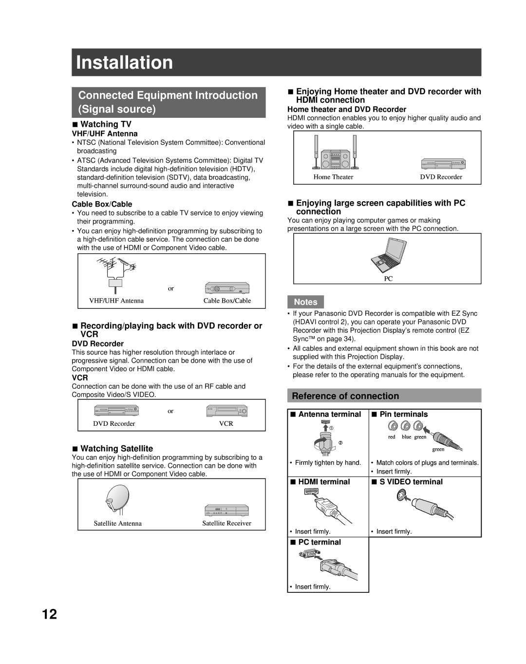 Panasonic PT-50LCZ70 Installation, Connected Equipment Introduction Signal source, Reference of connection 