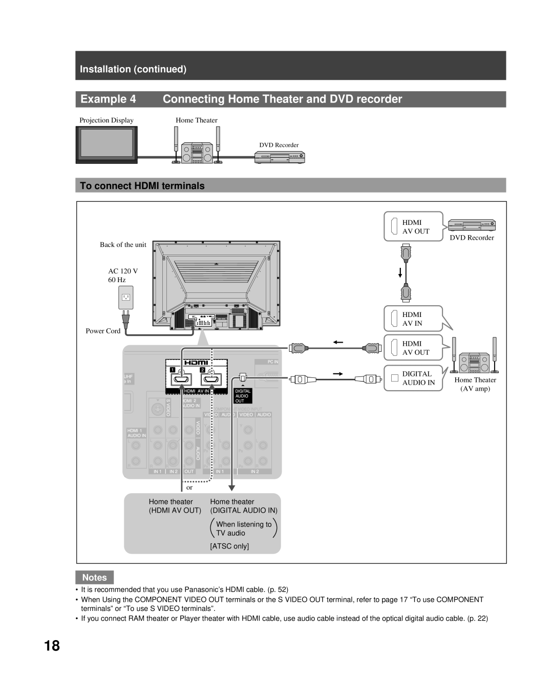 Panasonic PT-50LCZ70 operating instructions Example 4 Connecting Home Theater and DVD recorder, To connect Hdmi terminals 