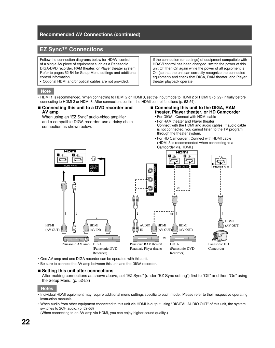 Panasonic PT-50LCZ70 operating instructions EZ Sync Connections, Connecting this unit to a DVD recorder and AV amp 