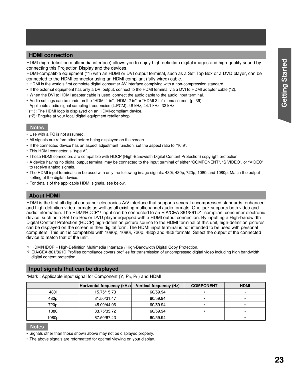 Panasonic PT-50LCZ70 operating instructions Hdmi connection, About Hdmi, Input signals that can be displayed 