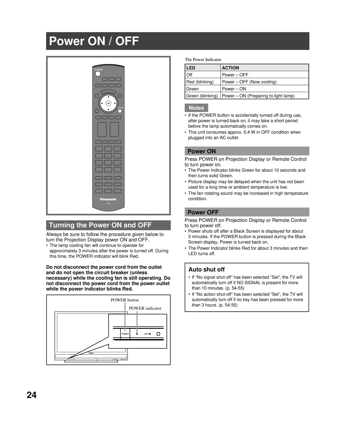 Panasonic PT-50LCZ70 operating instructions Power on / OFF, Turning the Power on and OFF, Power OFF, Auto shut off 