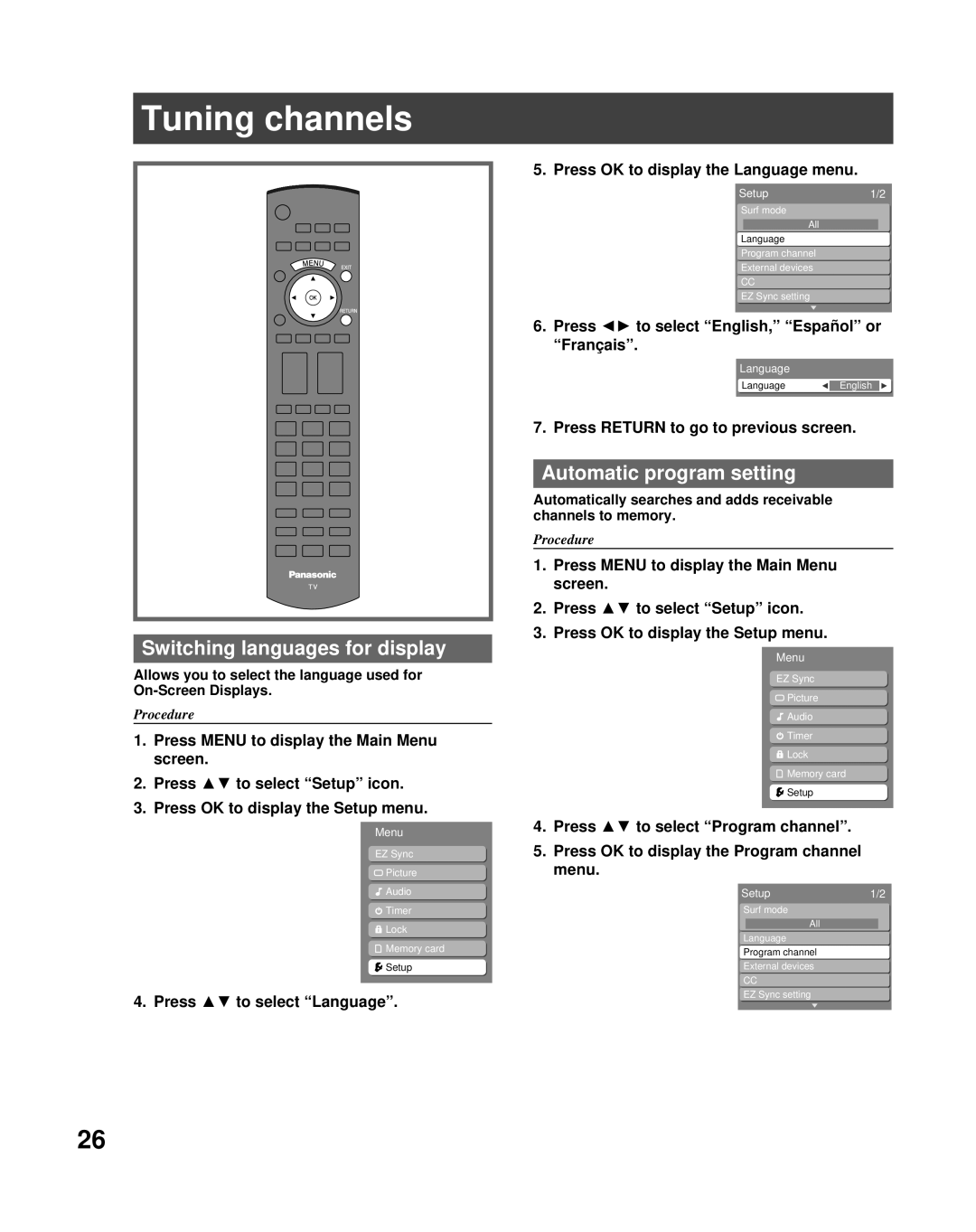 Panasonic PT-50LCZ70 operating instructions Tuning channels, Switching languages for display, Automatic program setting 