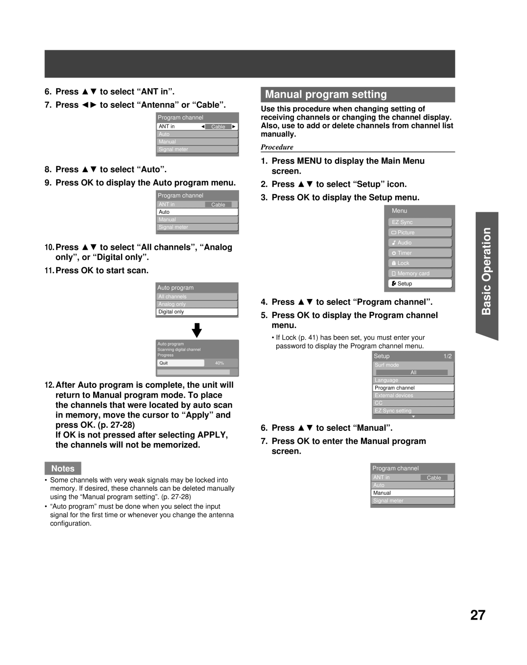 Panasonic PT-50LCZ70 operating instructions Manual program setting, Press to select ANT Press to select Antenna or Cable 