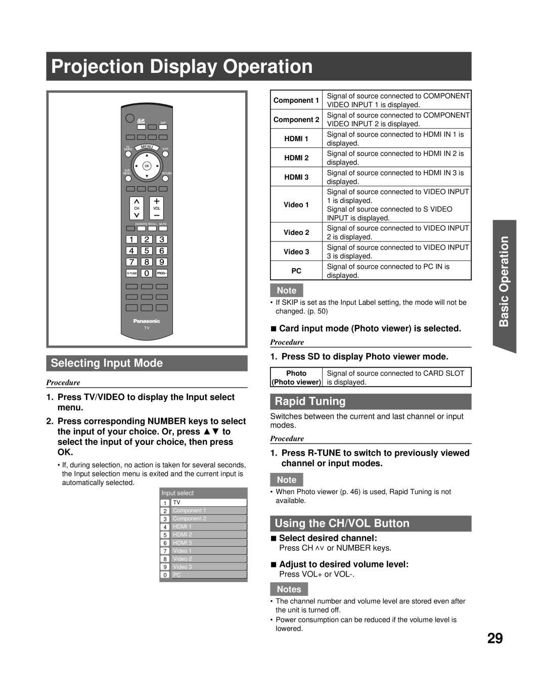 Panasonic PT-50LCZ70 Projection Display Operation, Selecting Input Mode, Rapid Tuning, Using the CH/VOL Button 