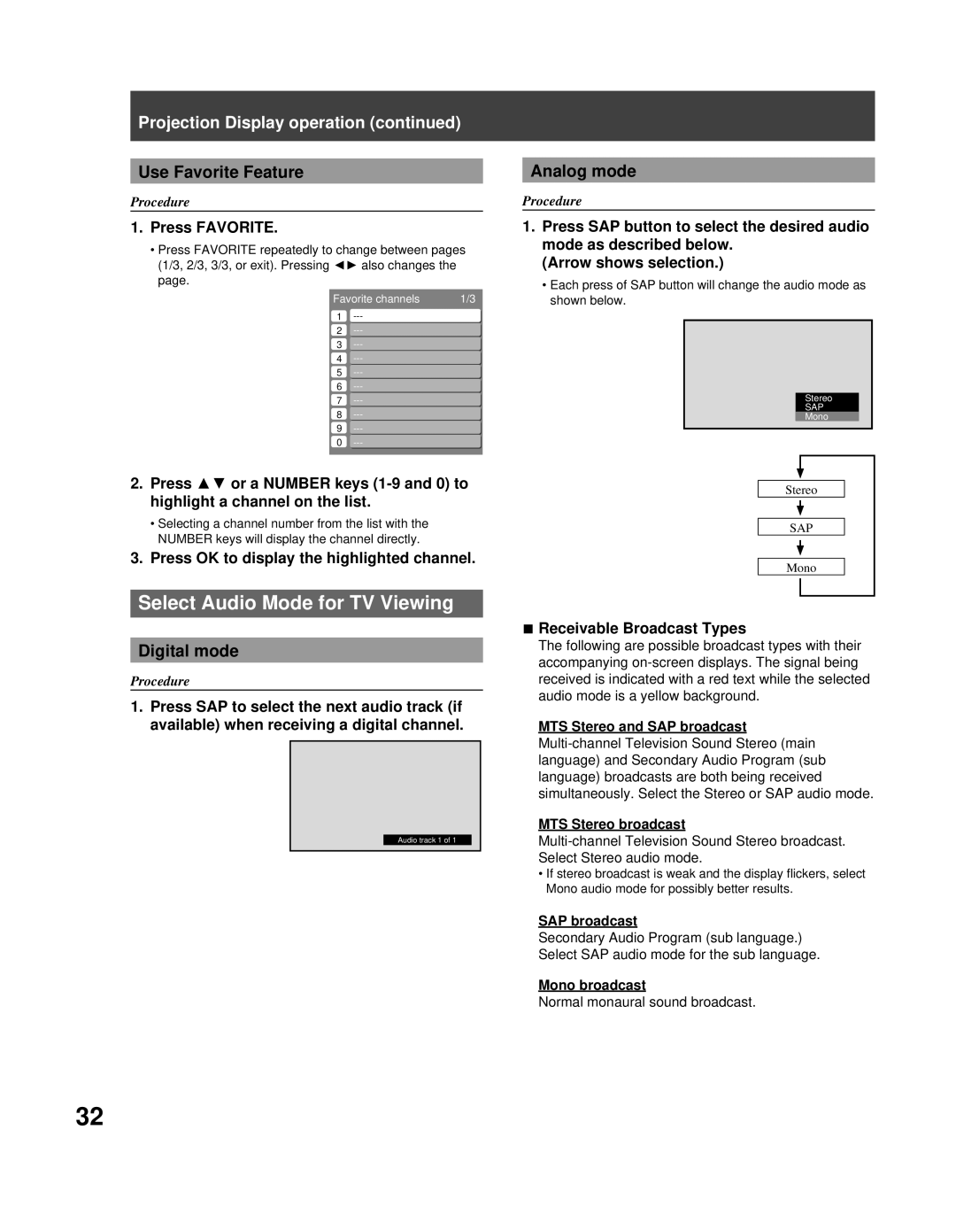 Panasonic PT-50LCZ70 Select Audio Mode for TV Viewing, Use Favorite Feature, Digital mode, Analog mode 