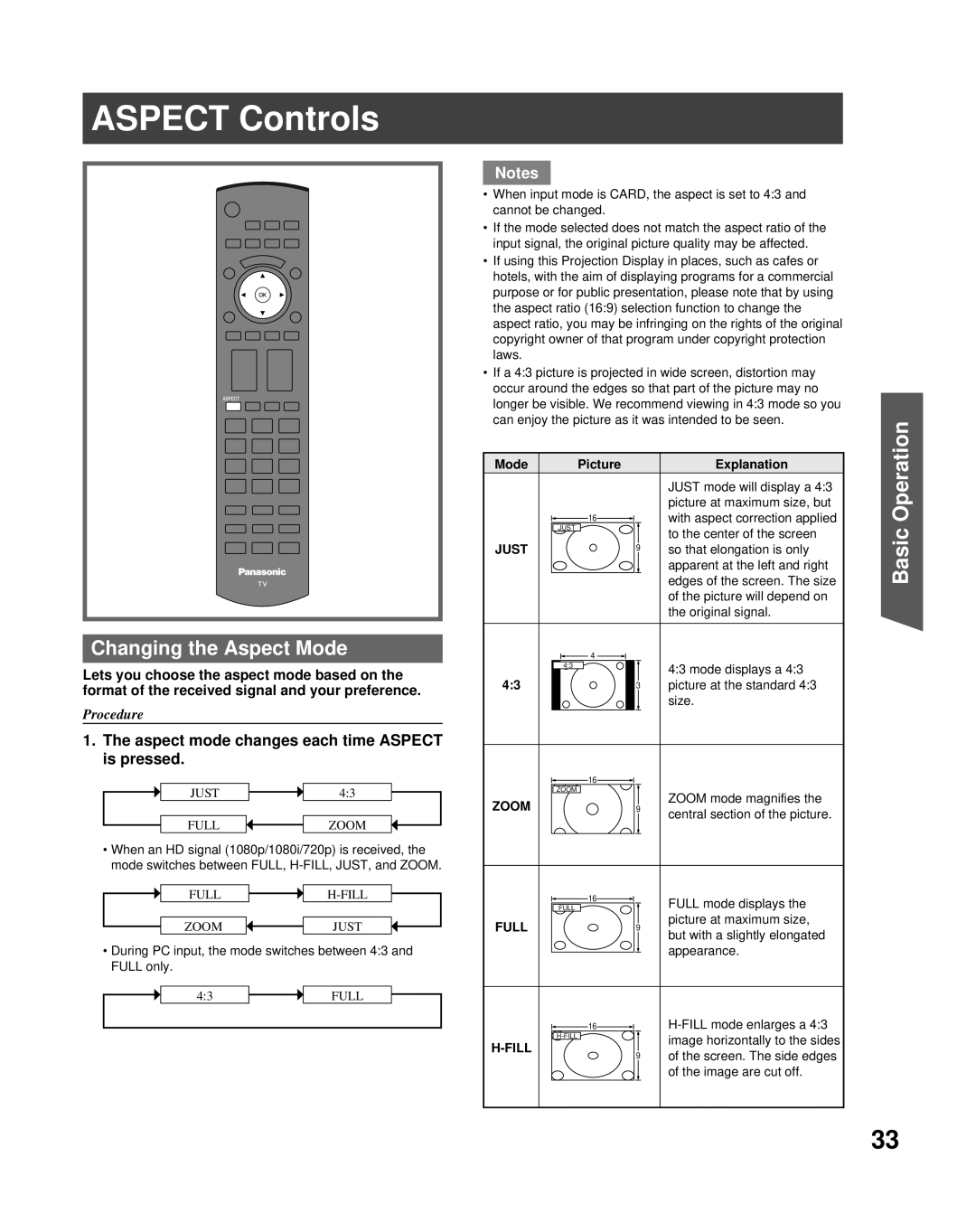 Panasonic PT-50LCZ70 Aspect Controls, Changing the Aspect Mode, Aspect mode changes each time Aspect is pressed 