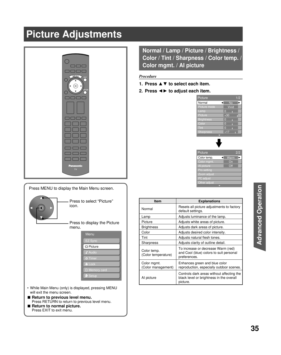 Panasonic PT-50LCZ70 operating instructions Picture Adjustments, Press to select each item Press to adjust each item 