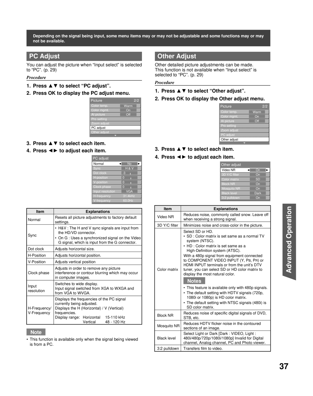 Panasonic PT-50LCZ70 operating instructions PC Adjust, Other Adjust 