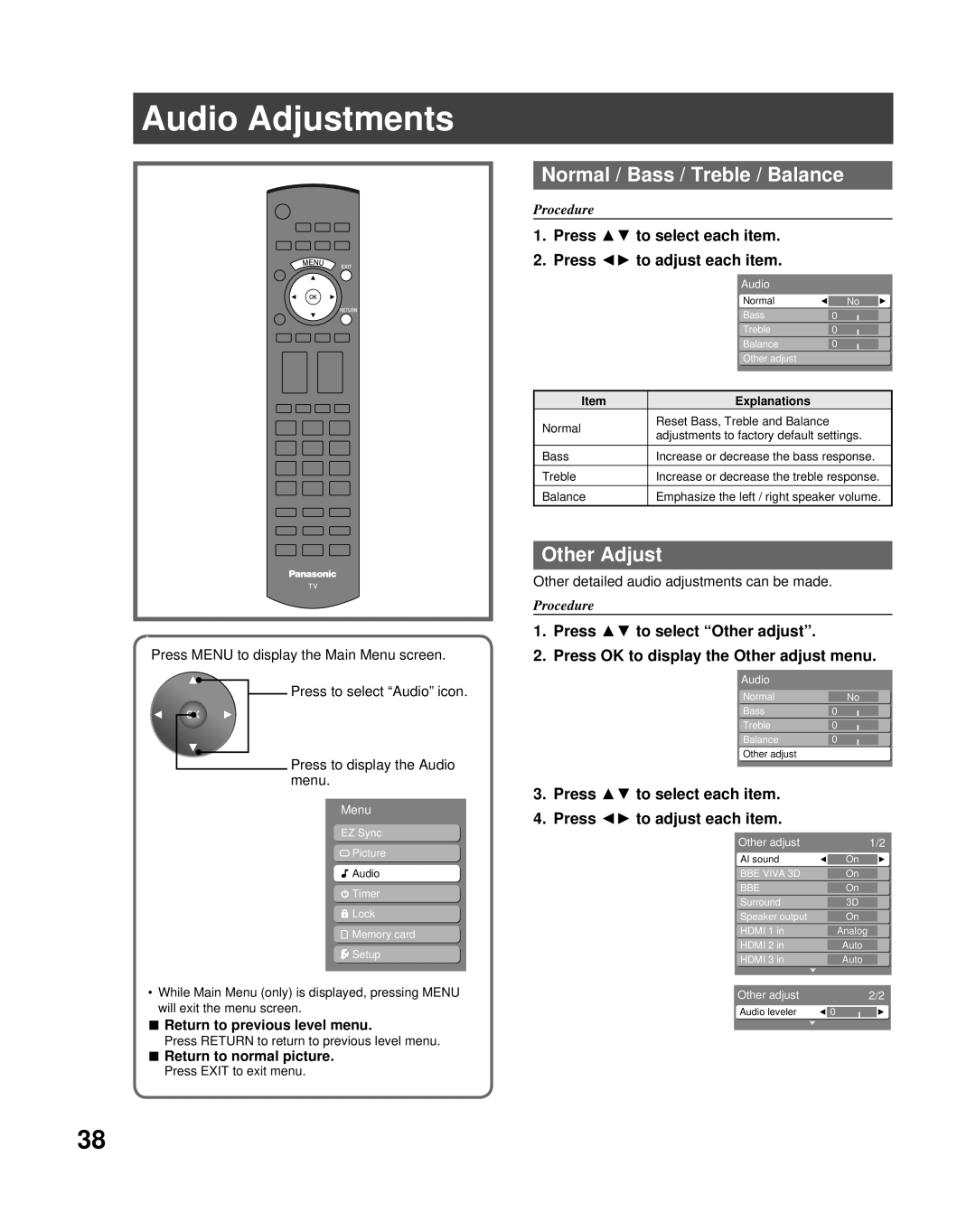 Panasonic PT-50LCZ70 operating instructions Audio Adjustments, Normal / Bass / Treble / Balance 