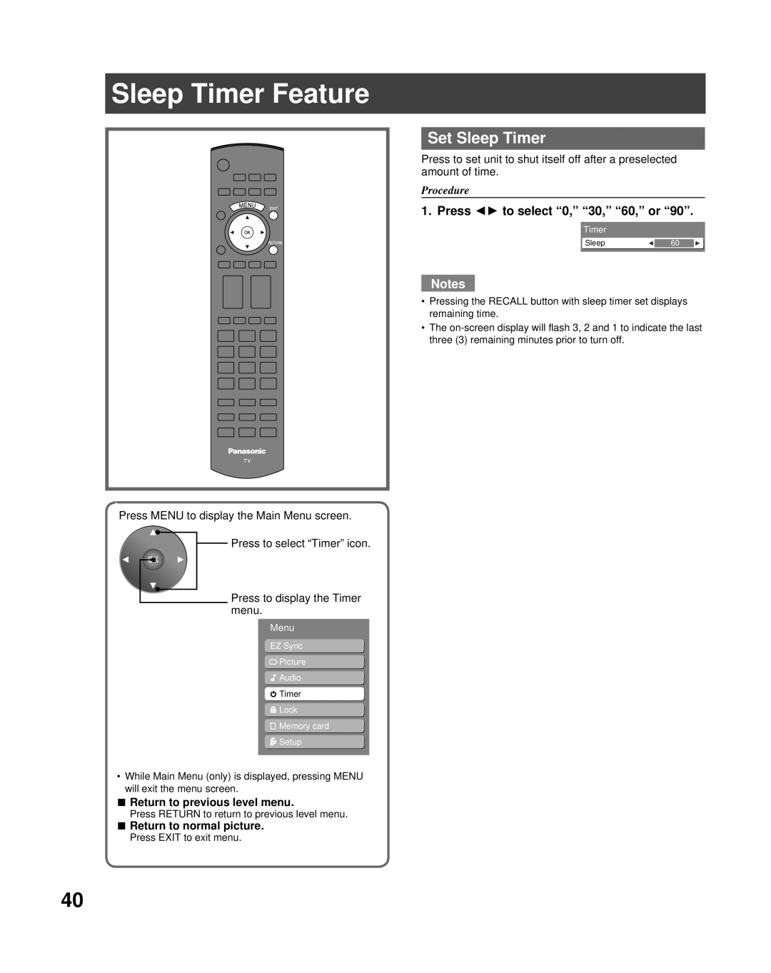 Panasonic PT-50LCZ70 operating instructions Sleep Timer Feature, Set Sleep Timer, Press to select 0, 30, 60, or 