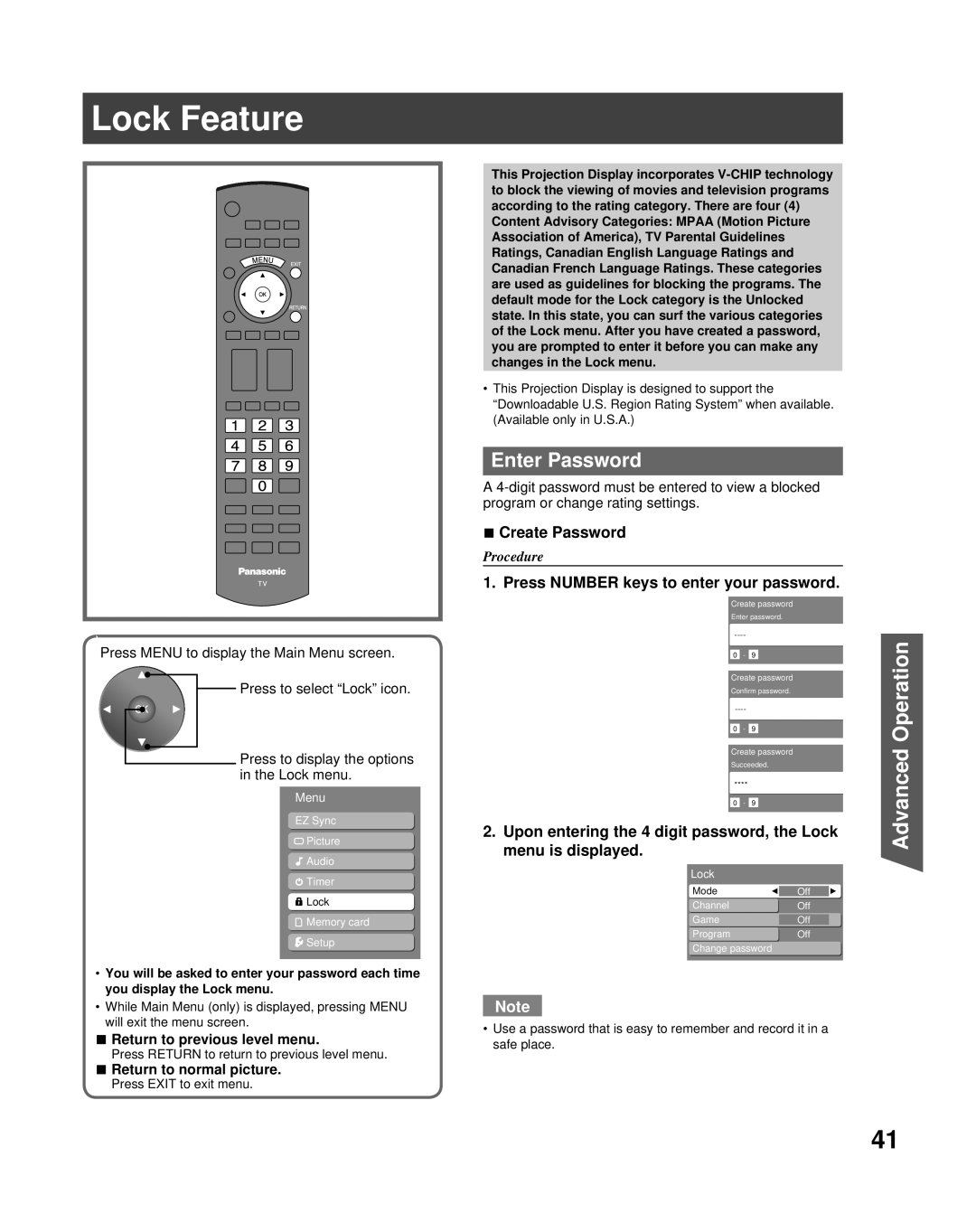 Panasonic PT-50LCZ70 Lock Feature, Enter Password, Create Password, Press Number keys to enter your password 