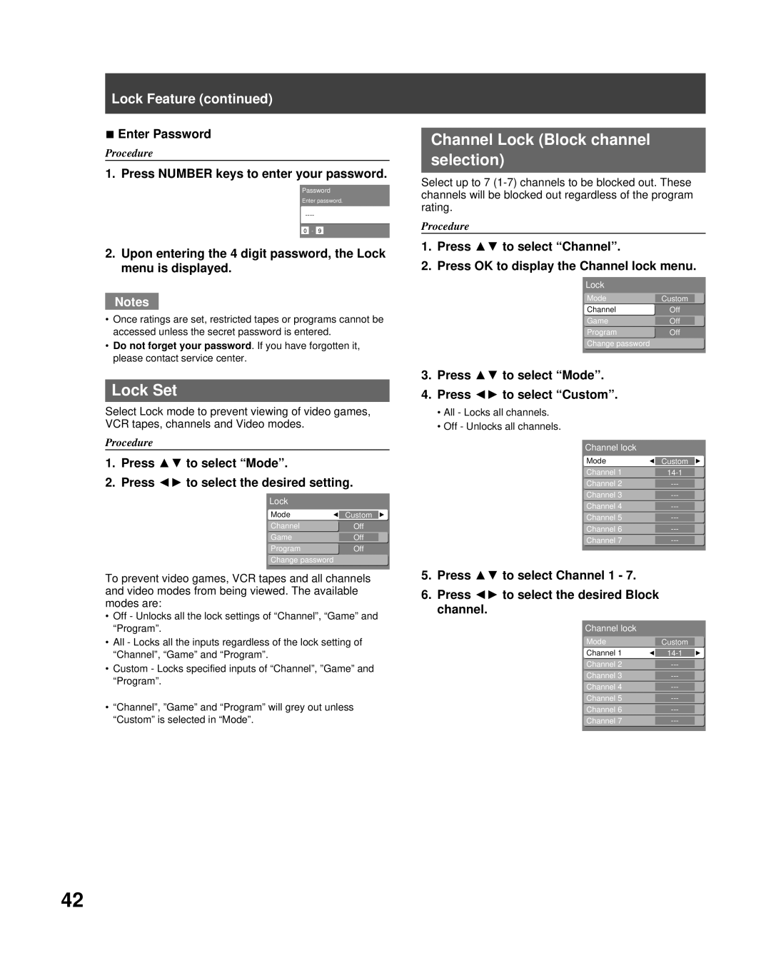 Panasonic PT-50LCZ70 operating instructions Lock Set, Channel Lock Block channel Selection, Enter Password 