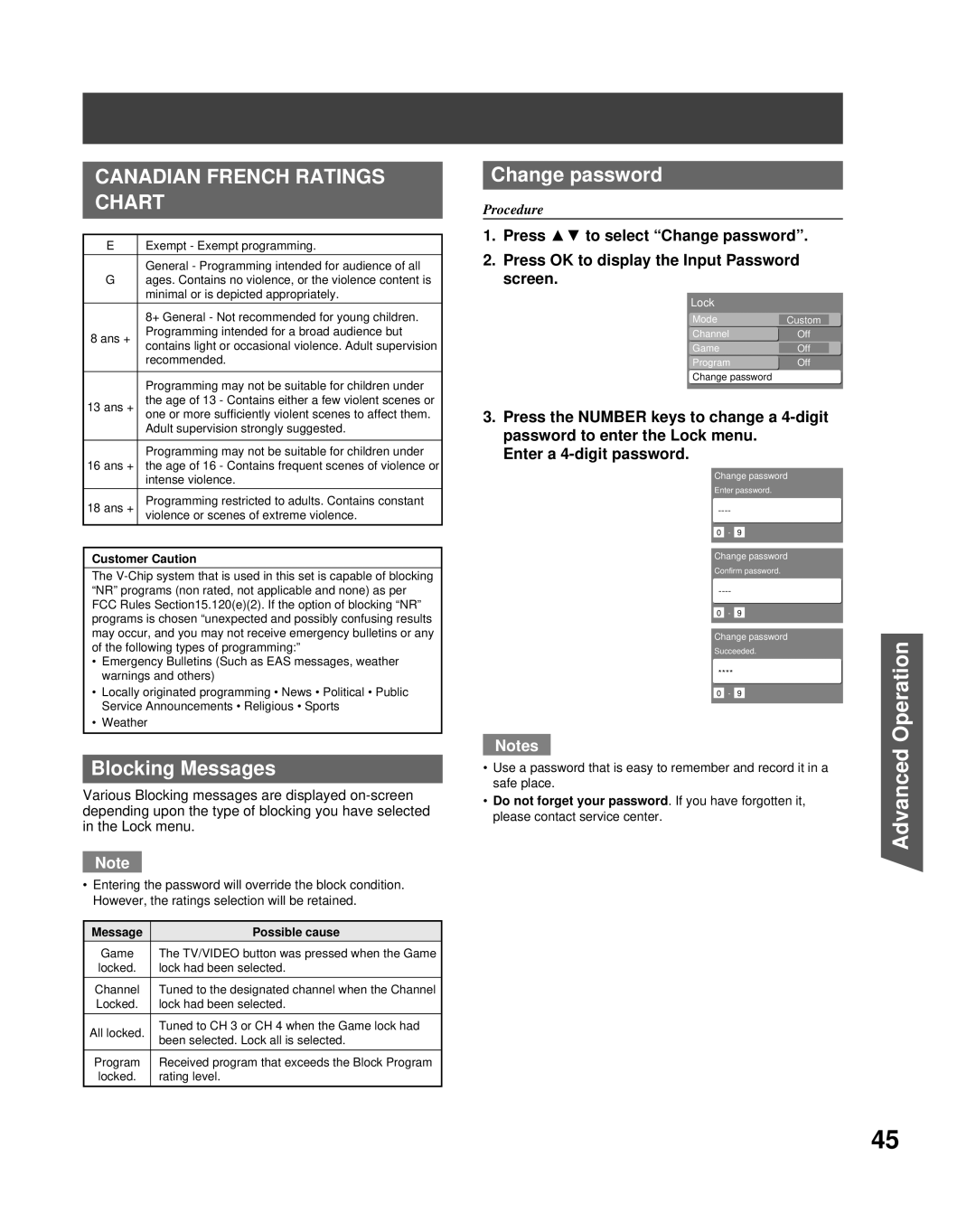 Panasonic PT-50LCZ70 operating instructions Blocking Messages, Change password 