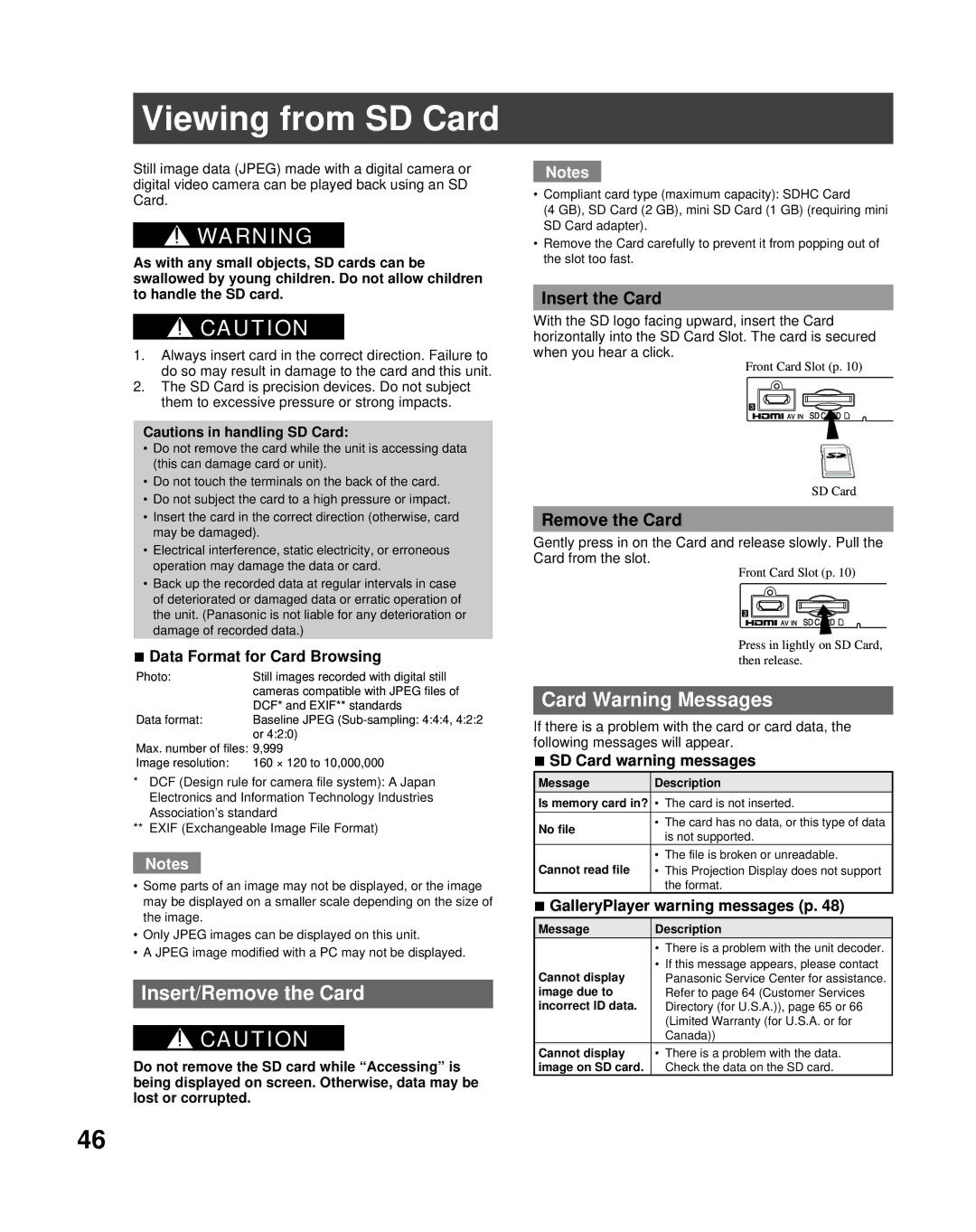 Panasonic PT-50LCZ70 Viewing from SD Card, Insert/Remove the Card, Card Warning Messages, Insert the Card 