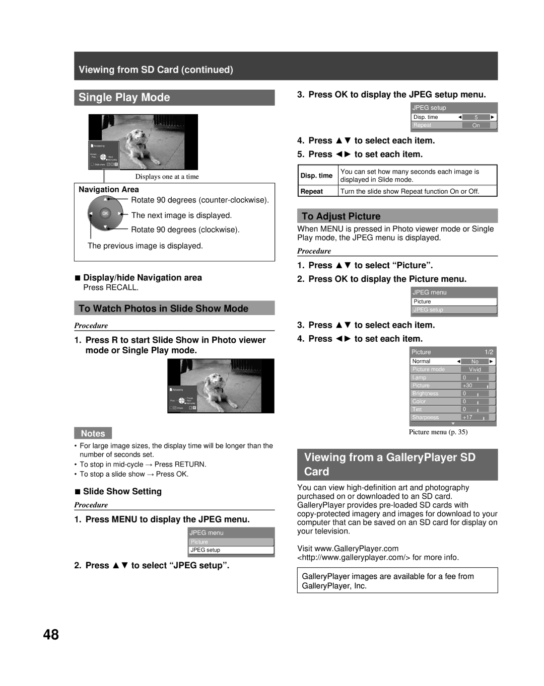 Panasonic PT-50LCZ70 Single Play Mode, Viewing from a GalleryPlayer SD Card, To Watch Photos in Slide Show Mode 