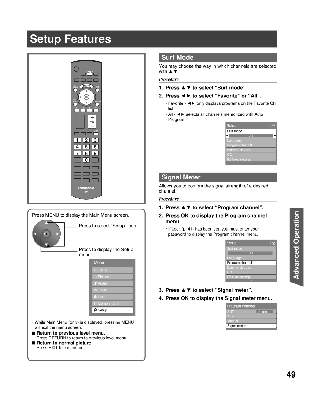 Panasonic PT-50LCZ70 Setup Features, Surf Mode, Signal Meter, Press to select Surf mode Press to select Favorite or All 